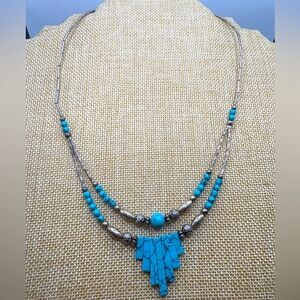 Southwestern Turquoise Beaded Necklace Silver Tone Barrel Clasp Statement Boho